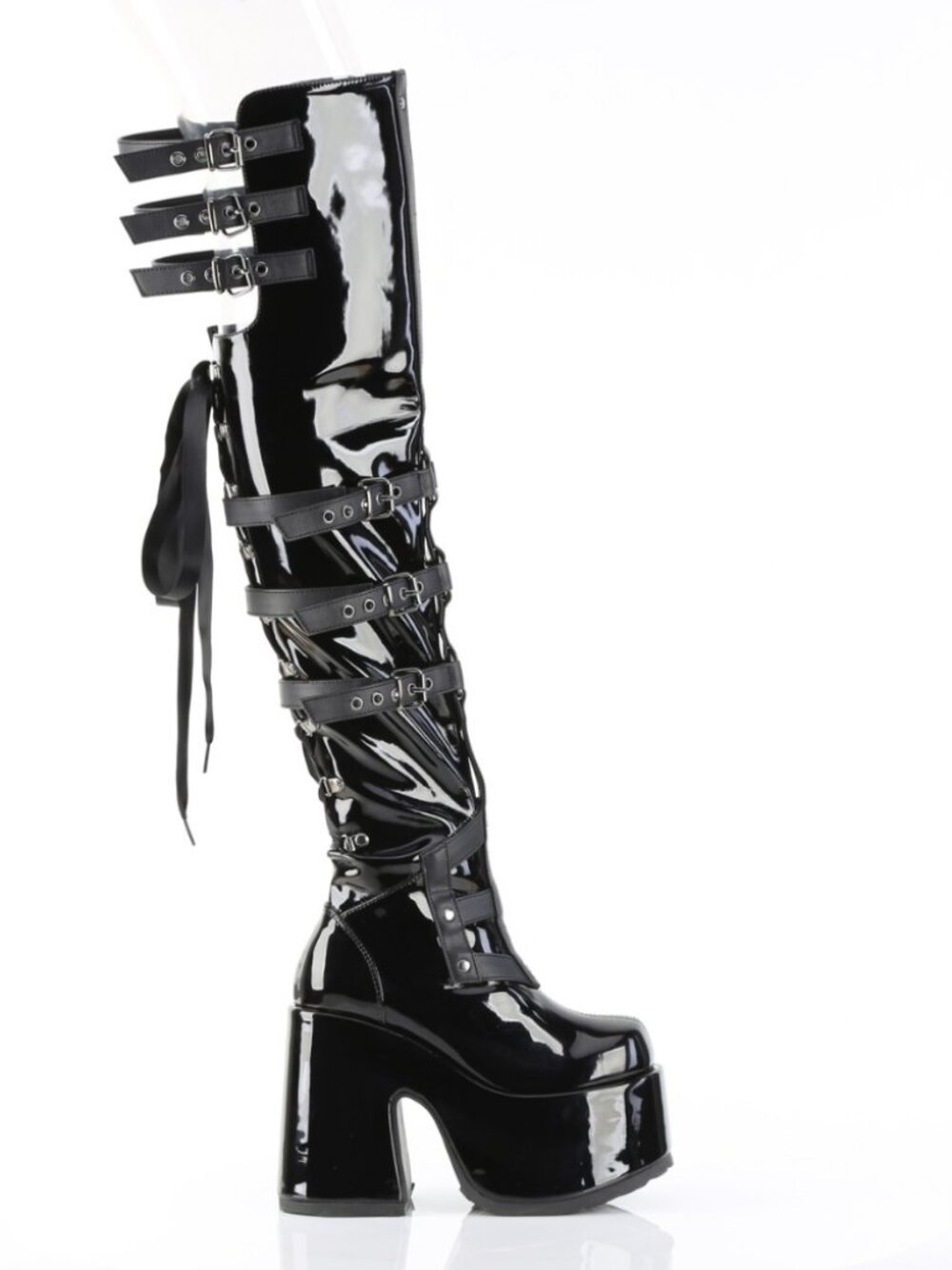 Black Patent 5 Inch Chunky Heel Boots with Ribbon Lace-Up & Harness Strap